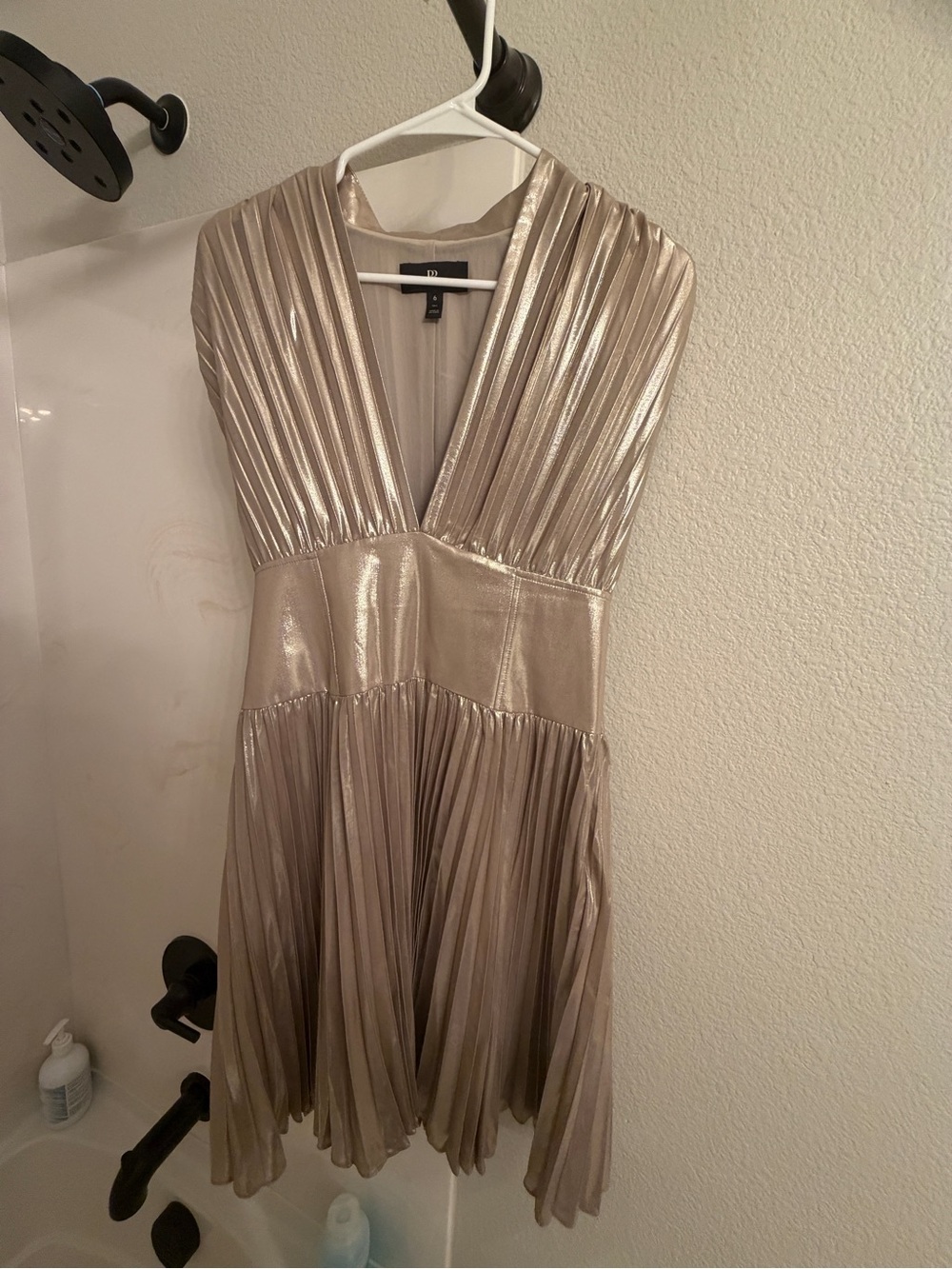 Banana Republic Metallic Champagne Pleated V-Neck Mini Dress